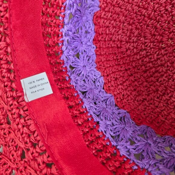 💜Vintage Red & Purple Wide Brim Straw Sun Hat - Picture 7 of 7